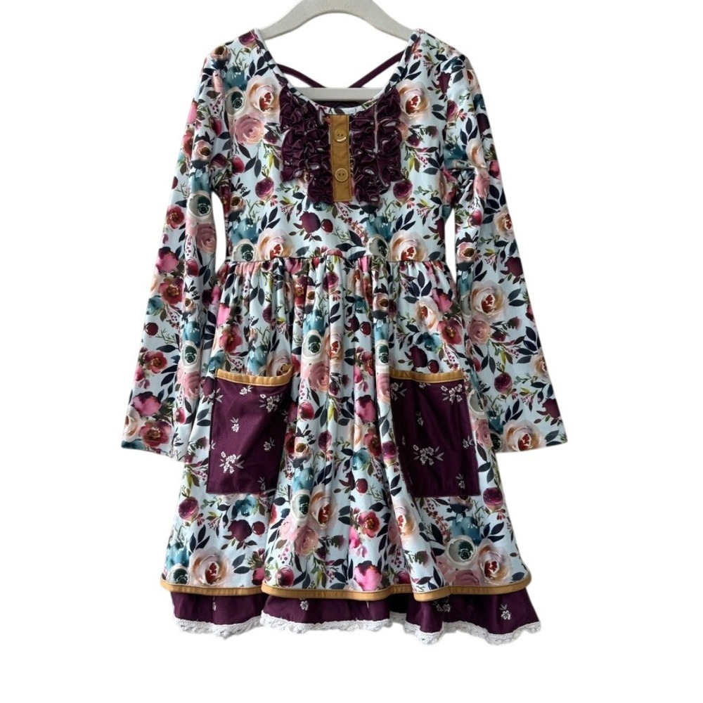 Cheeky Plum Floral Long Sleeve Dress Girls 7 Fall Colors Twirl Pockets Ruffles